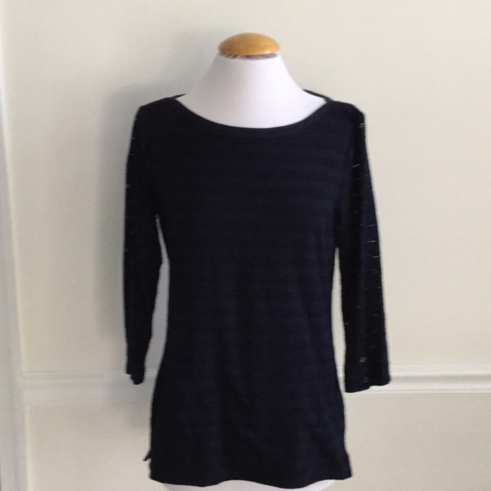 Talbots EYELET Sm Navy Boatneck Lined Cotton Top